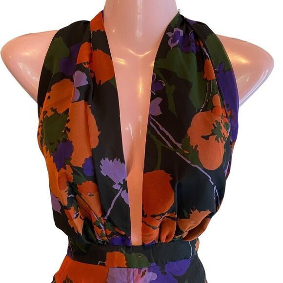 Floral Halter Dress Womens Small Black Orange Purple Plunge Neck Party Cocktail - Picture 3 of 4